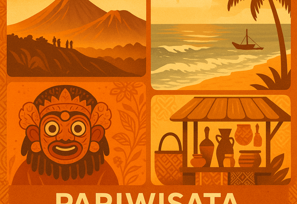Pariwisata Jawa Timur — ilustrasi komposit Gunung Bromo, pantai, topeng tradisional