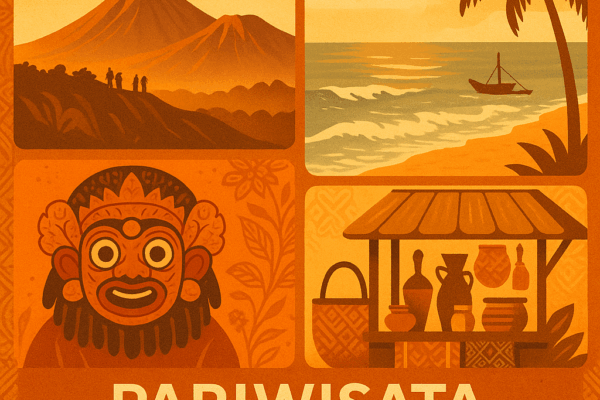 Pariwisata Jawa Timur — ilustrasi komposit Gunung Bromo, pantai, topeng tradisional
