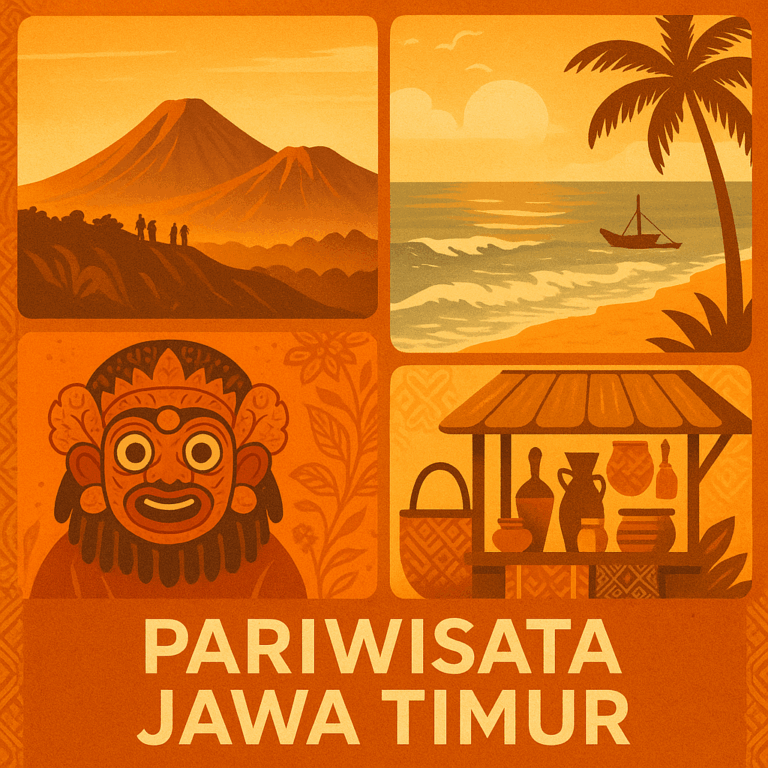 Pariwisata Jawa Timur — ilustrasi komposit Gunung Bromo, pantai, topeng tradisional
