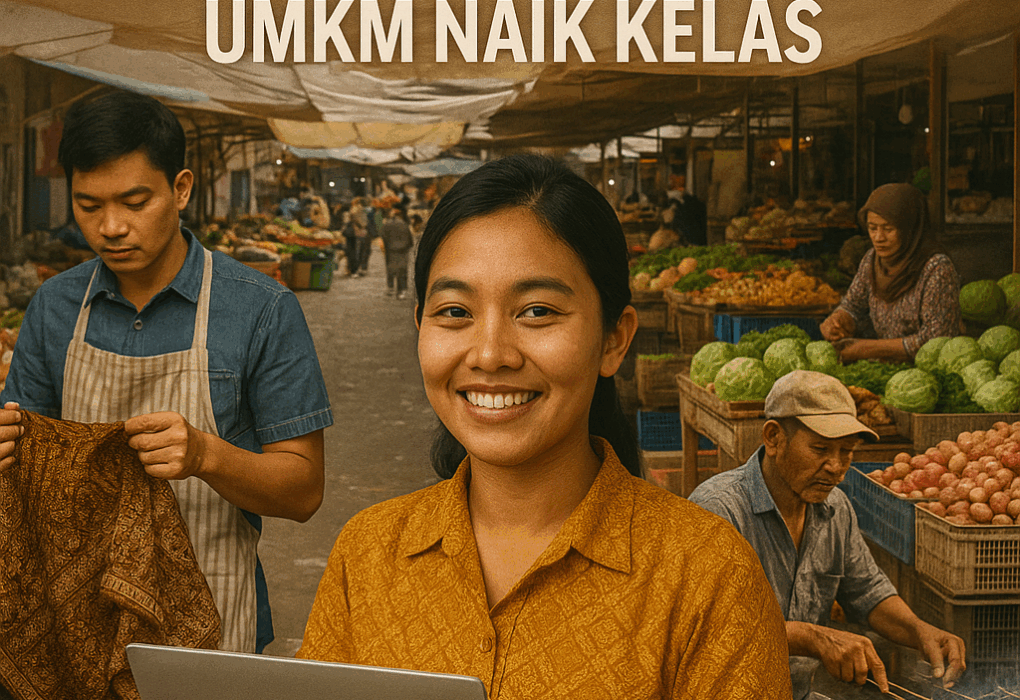 Wanita muda Jawa Timur mengenakan batik kuning memegang laptop di pasar tradisional yang ramai, dikelilingi penjual batik, pedagang sate, dan sayur-mayur — menggambarkan semangat UMKM Jawa Timur 2025.