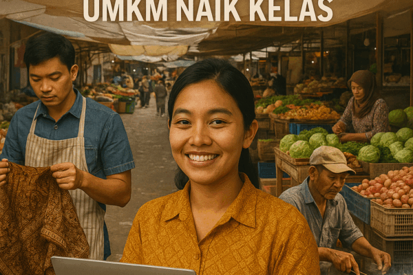 Wanita muda Jawa Timur mengenakan batik kuning memegang laptop di pasar tradisional yang ramai, dikelilingi penjual batik, pedagang sate, dan sayur-mayur — menggambarkan semangat UMKM Jawa Timur 2025.