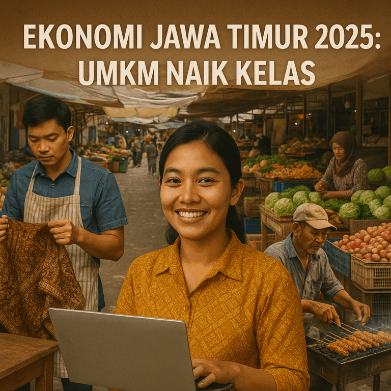 Wanita muda Jawa Timur mengenakan batik kuning memegang laptop di pasar tradisional yang ramai, dikelilingi penjual batik, pedagang sate, dan sayur-mayur — menggambarkan semangat UMKM Jawa Timur 2025.