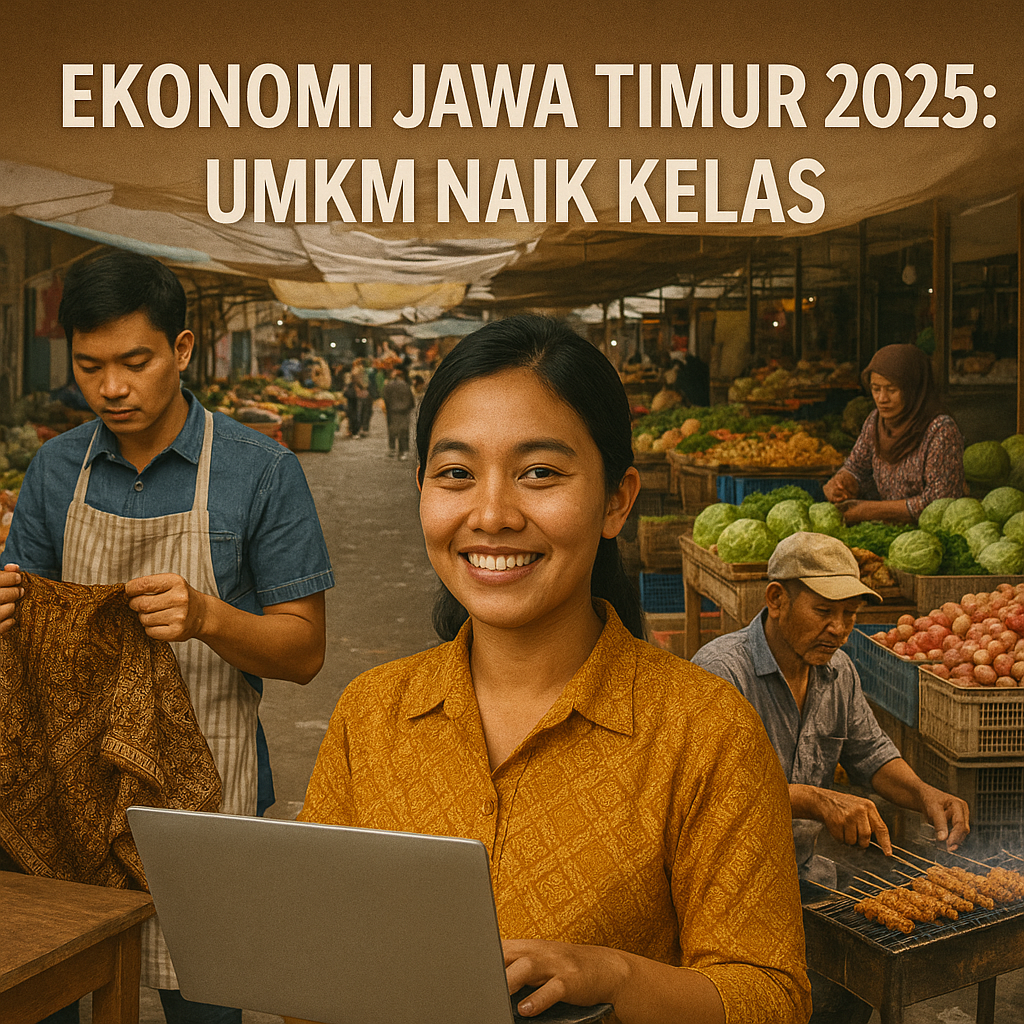 Wanita muda Jawa Timur mengenakan batik kuning memegang laptop di pasar tradisional yang ramai, dikelilingi penjual batik, pedagang sate, dan sayur-mayur — menggambarkan semangat UMKM Jawa Timur 2025.