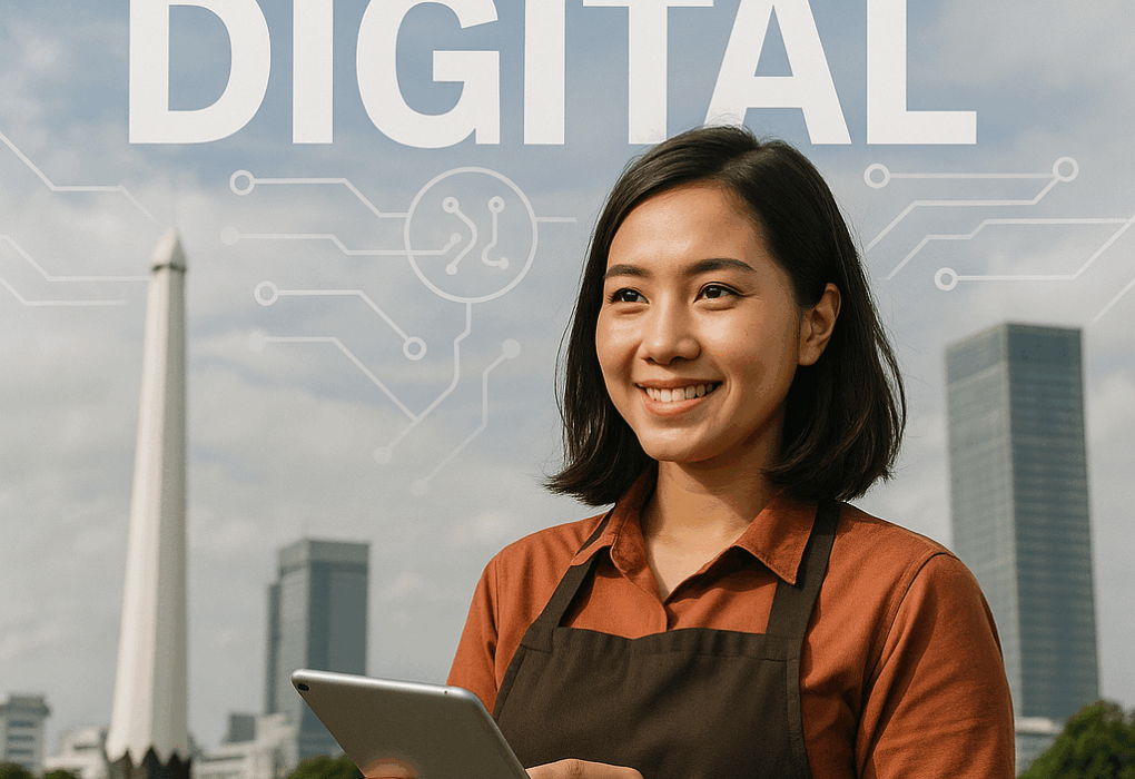 Foto realistis pelaku UMKM wanita di Surabaya memegang tablet dengan latar Tugu Pahlawan dan gedung modern, menggambarkan kemajuan ekonomi digital Jawa Timur.