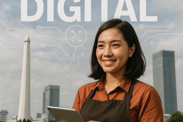 Ekonomi Jawa Timur 2025: UMKM dan Digitalisasi Menguat Foto realistis pelaku UMKM wanita di Surabaya memegang tablet dengan latar Tugu Pahlawan dan gedung modern, menggambarkan kemajuan ekonomi digital Jawa Timur.