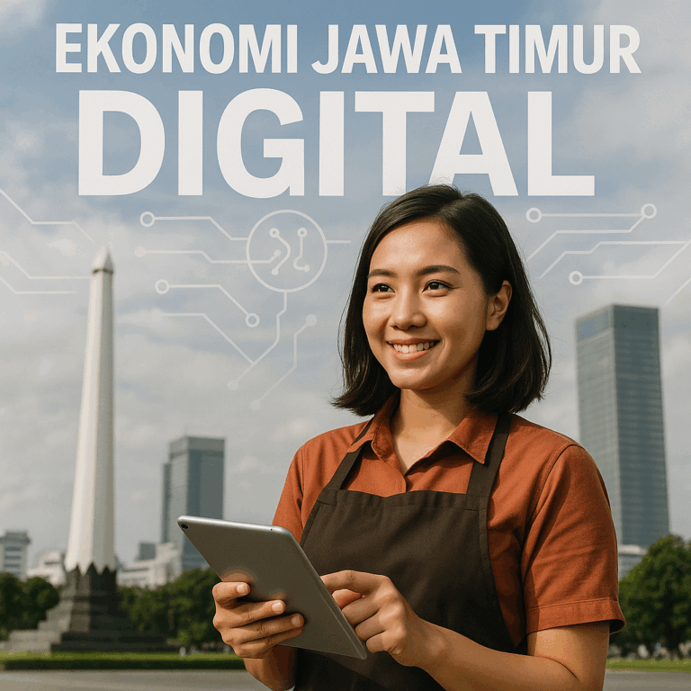 Foto realistis pelaku UMKM wanita di Surabaya memegang tablet dengan latar Tugu Pahlawan dan gedung modern, menggambarkan kemajuan ekonomi digital Jawa Timur.