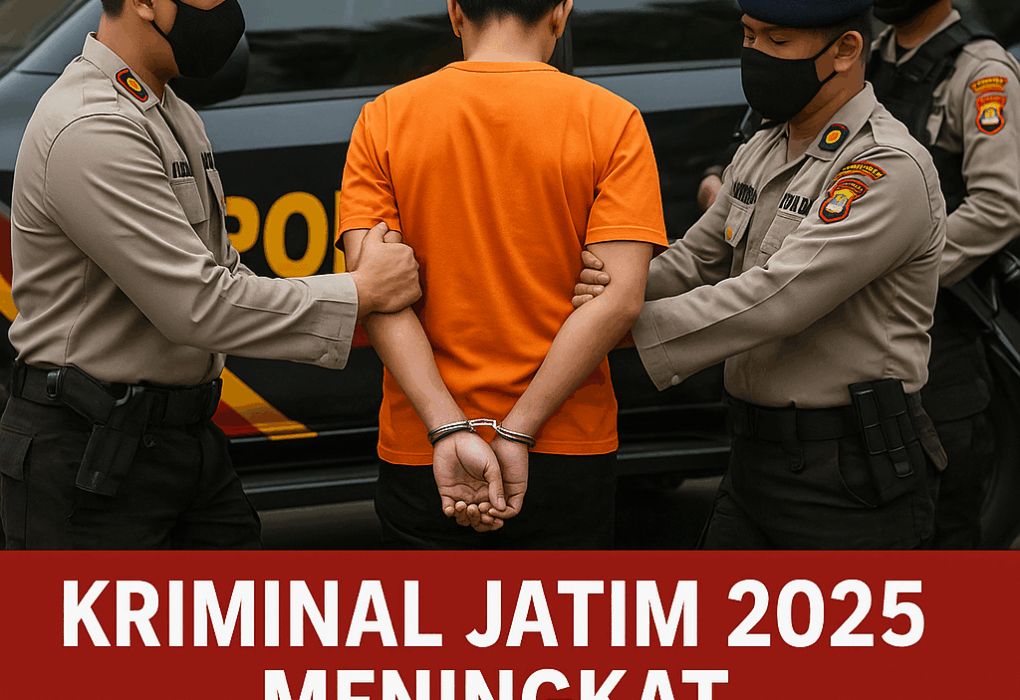 “Polisi Jawa Timur menangkap seorang tersangka dengan tangan diborgol di depan mobil patroli dalam liputan berita kriminal Jatim 2025.”