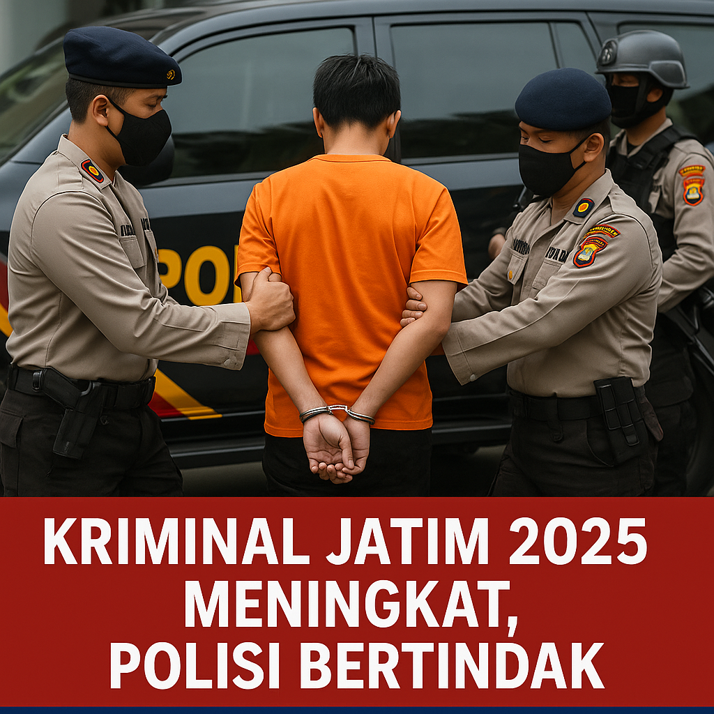 “Polisi Jawa Timur menangkap seorang tersangka dengan tangan diborgol di depan mobil patroli dalam liputan berita kriminal Jatim 2025.”