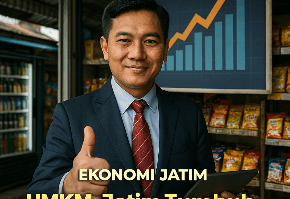 Potret pengusaha UMKM Jawa Timur berjas rapi dengan latar grafik kenaikan ekonomi dan tulisan UMKM Jatim Tumbuh Pesat Jelang 2026.
