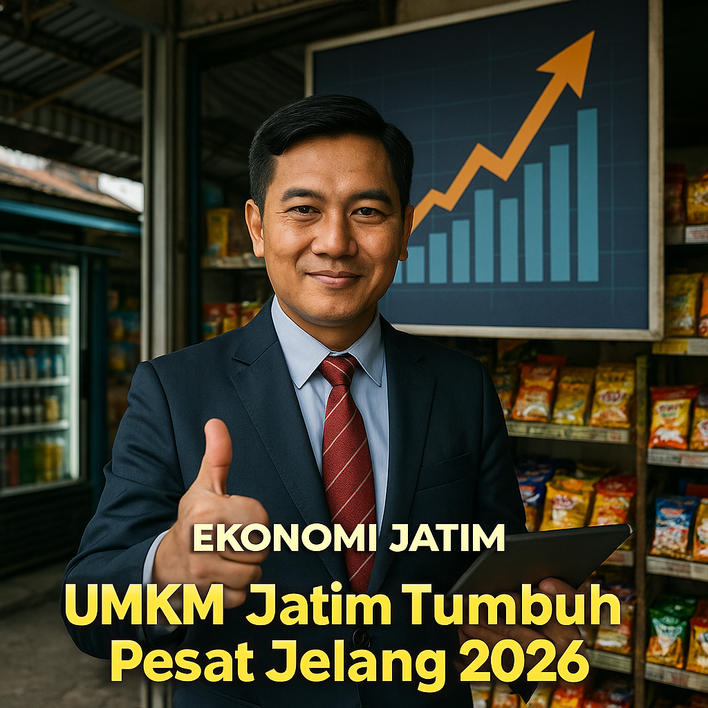 Potret pengusaha UMKM Jawa Timur berjas rapi dengan latar grafik kenaikan ekonomi dan tulisan UMKM Jatim Tumbuh Pesat Jelang 2026.