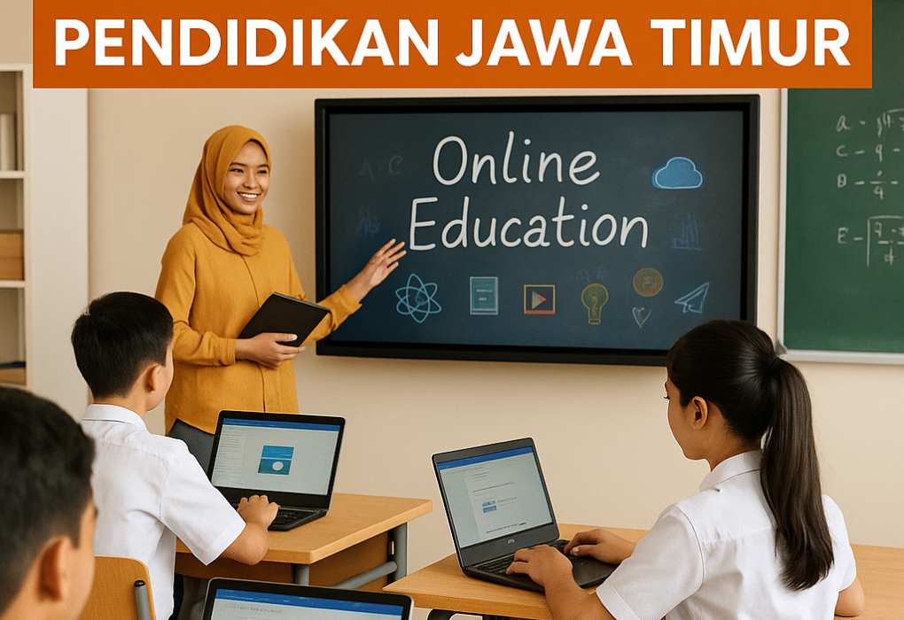 Ilustrasi transformasi pendidikan Jawa Timur dengan suasana kelas modern dan penggunaan teknologi digital.