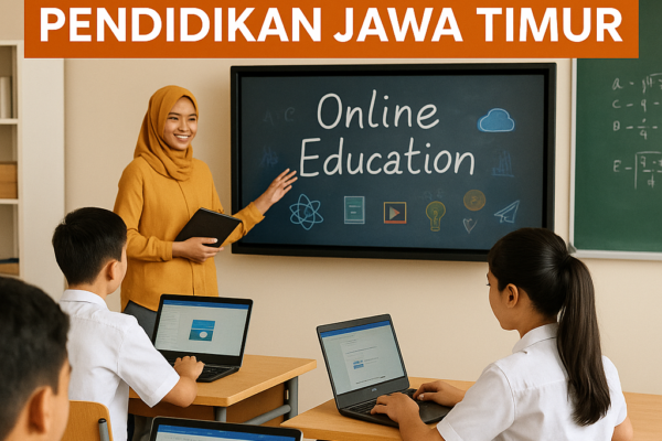 Ilustrasi transformasi pendidikan Jawa Timur dengan suasana kelas modern dan penggunaan teknologi digital.
