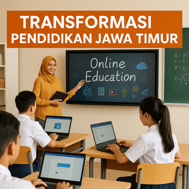 Ilustrasi transformasi pendidikan Jawa Timur dengan suasana kelas modern dan penggunaan teknologi digital.