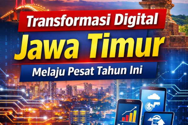 Ilustrasi transformasi digital Jawa Timur dengan latar kota dan teknologi modern