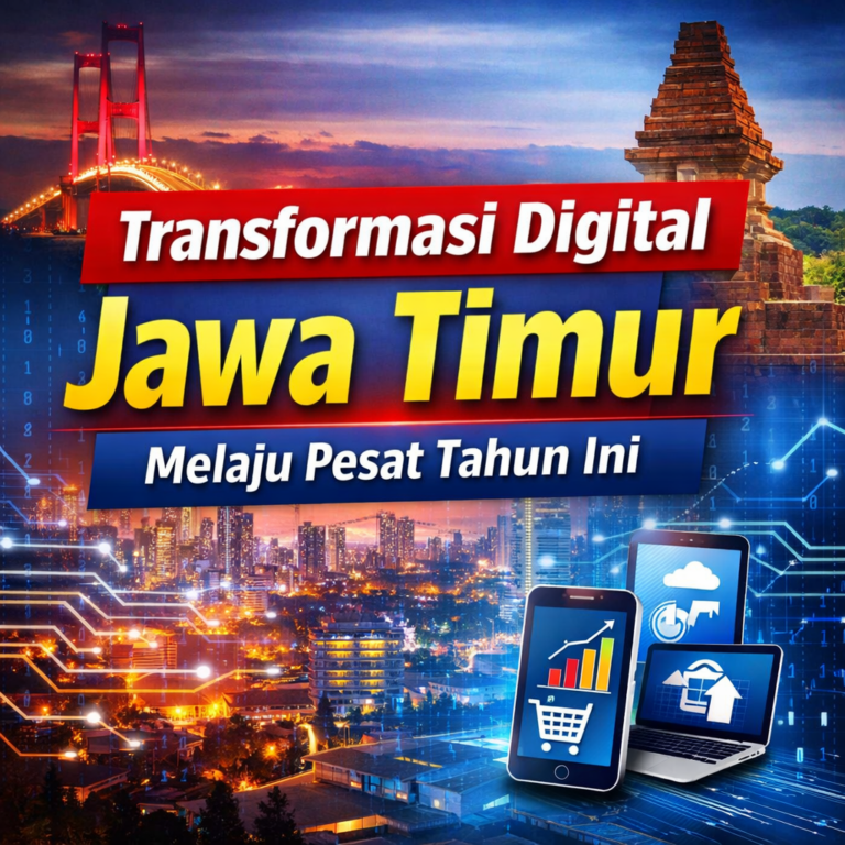 Ilustrasi transformasi digital Jawa Timur dengan latar kota dan teknologi modern